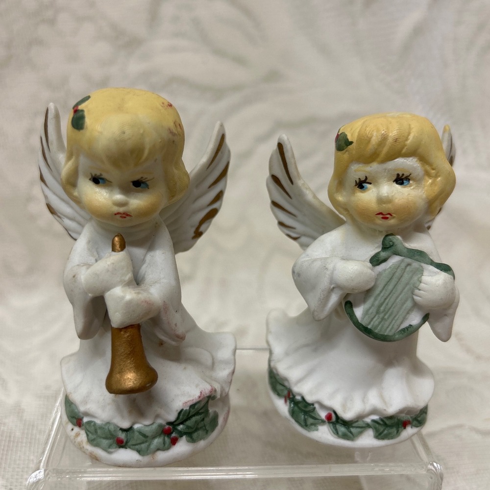 Vintage Ceramic Angel Figurines Set‎ Of 2 Christmas Holiday Decor Harp and Horn